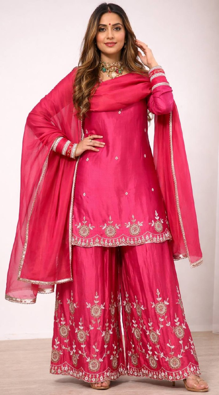 Radiant Rani Pink Embroidered Silk Couture